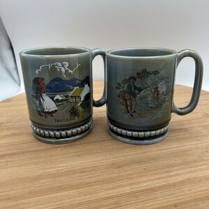Wade Irish Porcelain Mug Set Of 2 Cottage Scene Fly Fishing Tea Blue Green